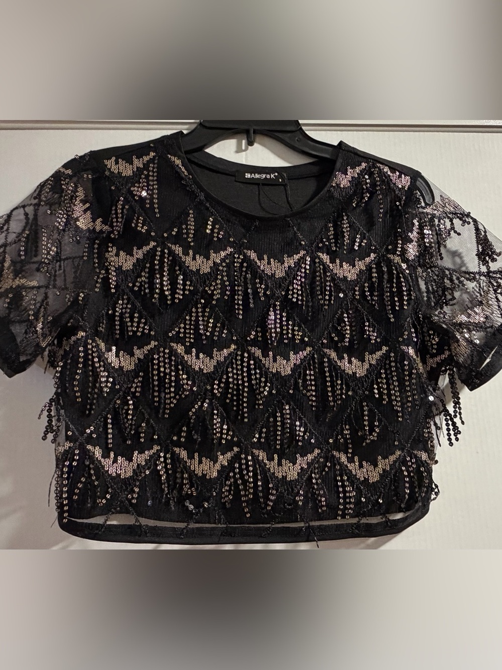 Allegra K Black Sequin Patterned Crop Top